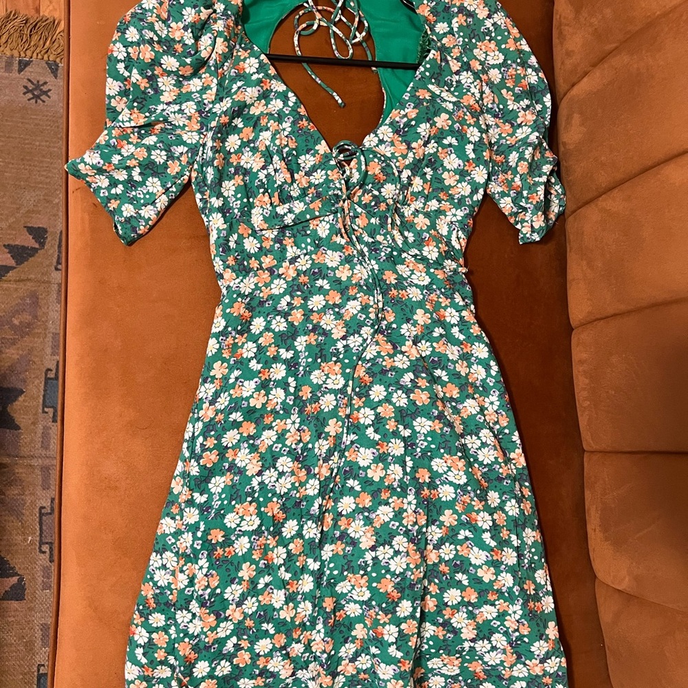 Urban Outfitters Green Floral Tie-Front Midi Dress